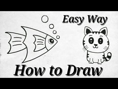 Easy and Cute Drawings - How to draw a Cat - How to draw a Fish - YouTube