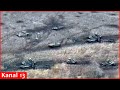 Drone footage shows a destroyed Russian tank and armored vehicles in Kupyansk steppes