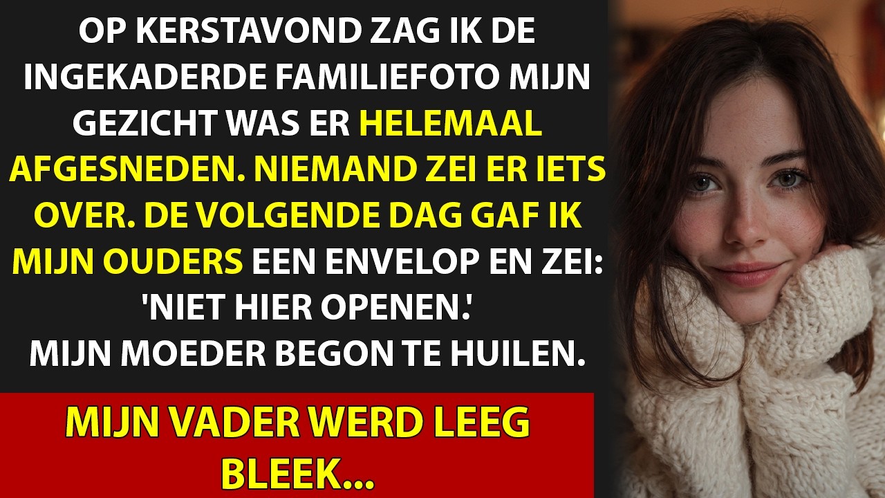 Op kerstavond zag ik mijn gezicht uit de familiefoto boven de haard geknipt. Niemand zei er iets over. Ik ook niet. Het was geen slordig gaatje; iemand had me met precisie uit ons familieverhaal...