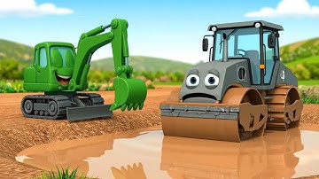 MÁY XÚC MINI CỨU XE LU BỊ KẸT TRONG VŨNG BÙN