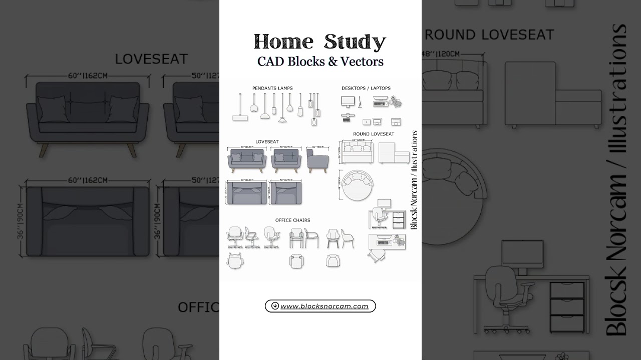 🏠✨Home office furniture CAD blocks. Both metric and imperial units.🔗