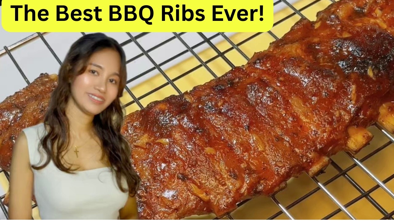 Oven-baked BBQ pork ribs withy sweet soy glaze on a serving board