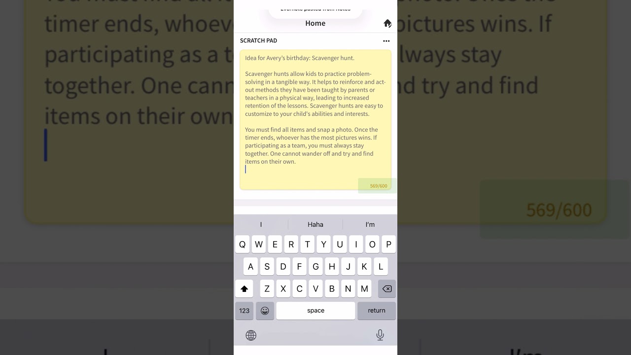 Jot quick thoughts in the Mobile Scratch Pad for Evernote Home