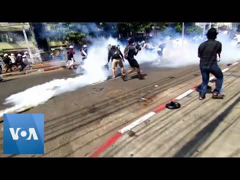 Myanmar Police Use Teargas Against Yangon Protesters.