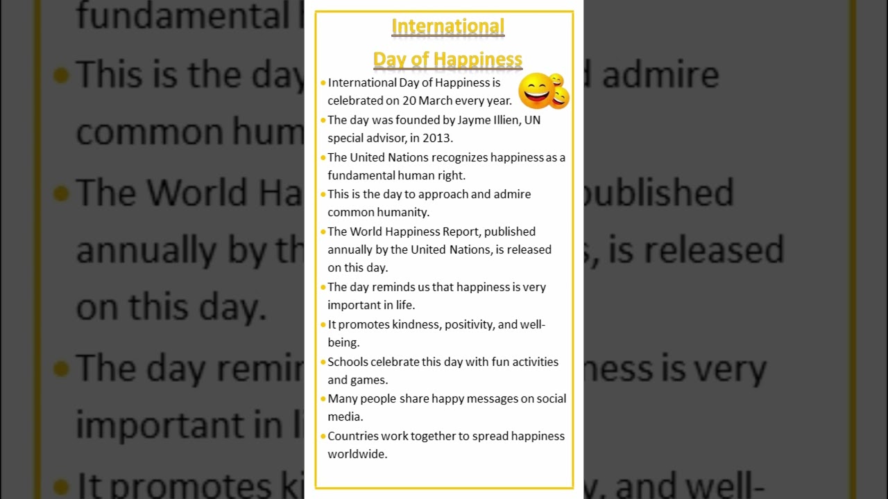 Essay on International day of Happiness #happy #happiness #shorts #ytshorts #happinessday #day #yt