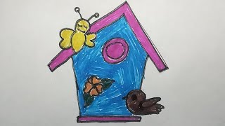 चिड़िया घर बनाना सीखे| how to draw a birds house| birds house painting drawing| birds art banaye