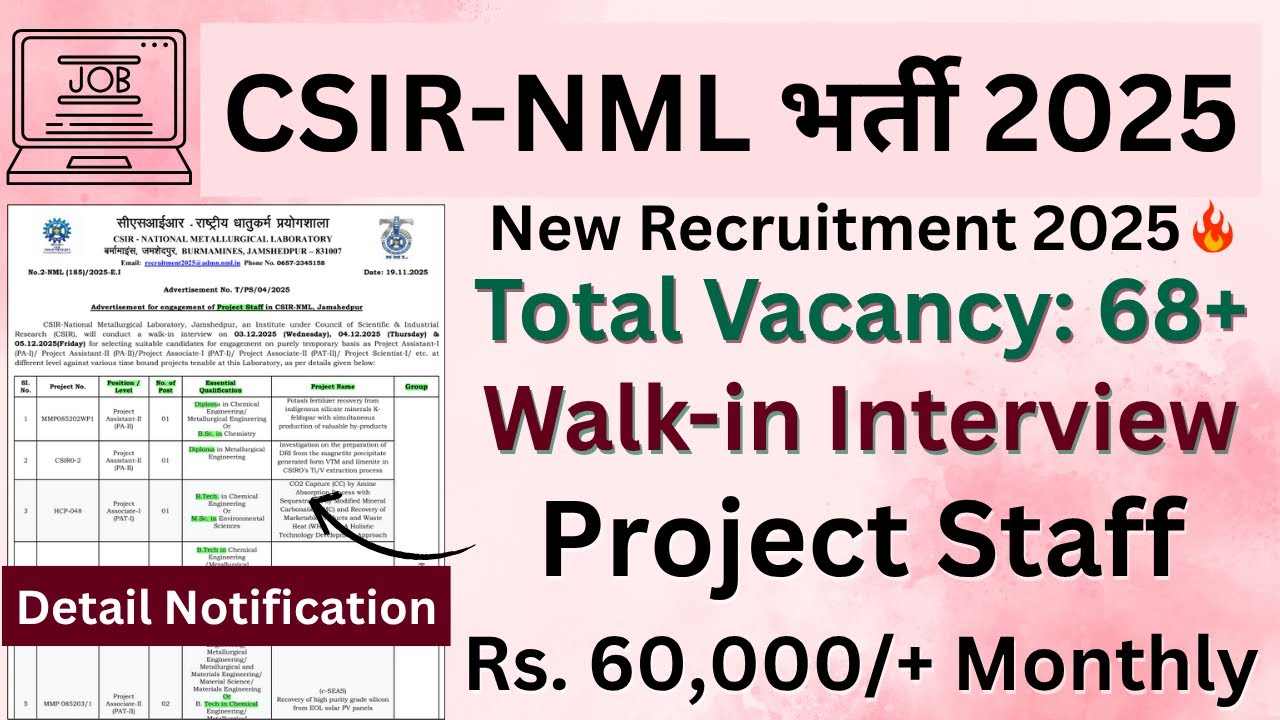 CSIR NML Recruitment 2025 – Walk in for 68 Project Assistant, Project Associate and Other Posts