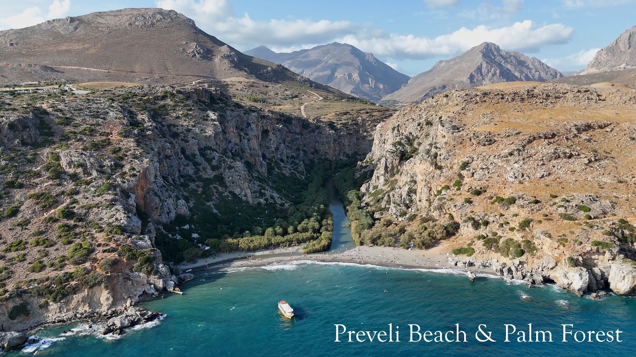 Crete Greece Preveli Beach & Palm Forest & Kourtaliotiko Gorge Waterfall Drone 4K 2025