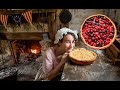 Baking an amazing cherry raspberry pie from 1808 real historic dishes fire baked pie asmr