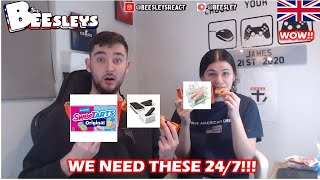 British Couple Try Snacks Sent from America for the first time! (Salt Water Taffy, Zapps & More!)
