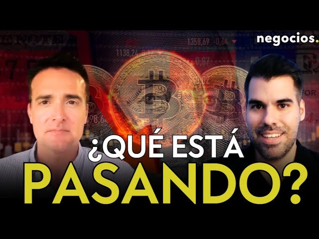 Gráfico con barras rojas y verdes reflejando la volatilidad reciente de Bitcoin, acompañado del logo de Negocios TV