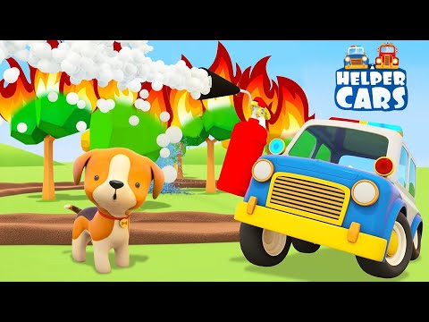 Helper cars - Fire in the forest! Car cartoons for kids. A fire truck for kids & a bulldozer