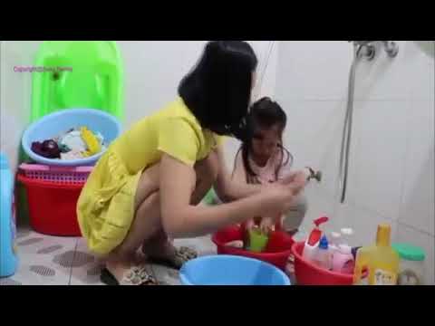 Beautiful Mom On Daily Routine-Teaching Daughter How Wash Clothes