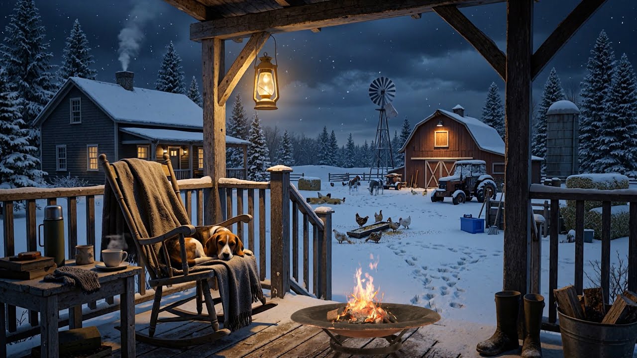 Relaxing Winter Night on a Cozy Farm | Fireplace & Snow Ambience for Sleep