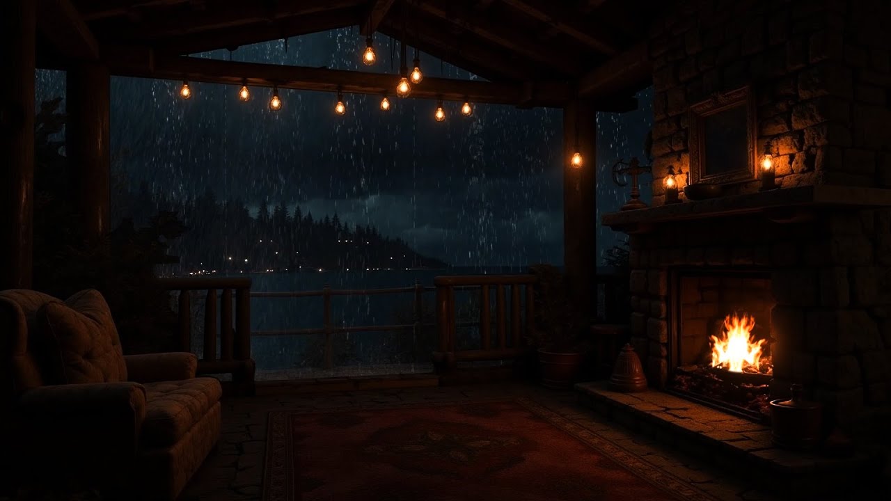 Old Wooden Porch In The Rain With Crackling Fire - Rain Sounds For ...