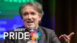 Drag and theatre legend Charles Busch accepts the Catalyst award at the 2024 Queerty Pride50