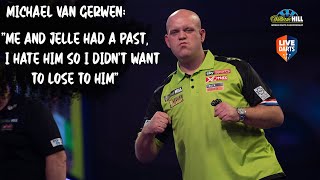 A raw michael van gerwen reacts to his 3-1 victory over bitter rival
jelle klaasen in round two of the 2019/20 world championship get title
defence un...