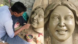 Maa durga big size smilling clay face making | mitti se murti banana