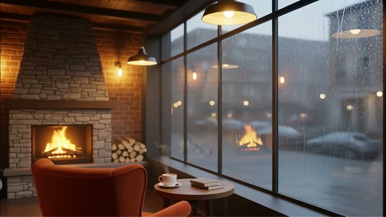 [BGM] Relaxing Original Chamber music with Coffee shop background woodburn fireplace and raining