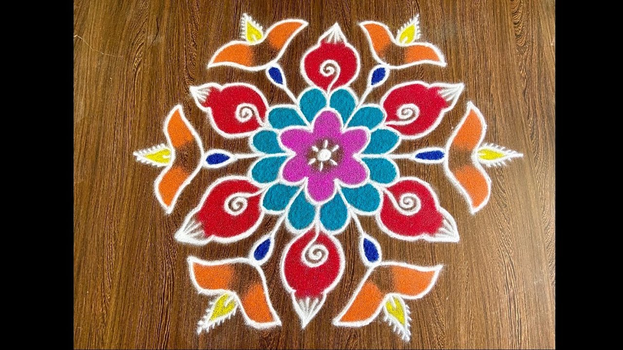 Simple Rangoli Design with 13x7 Dots and Beautiful Colours for Ugadi Festival Ugadi Special