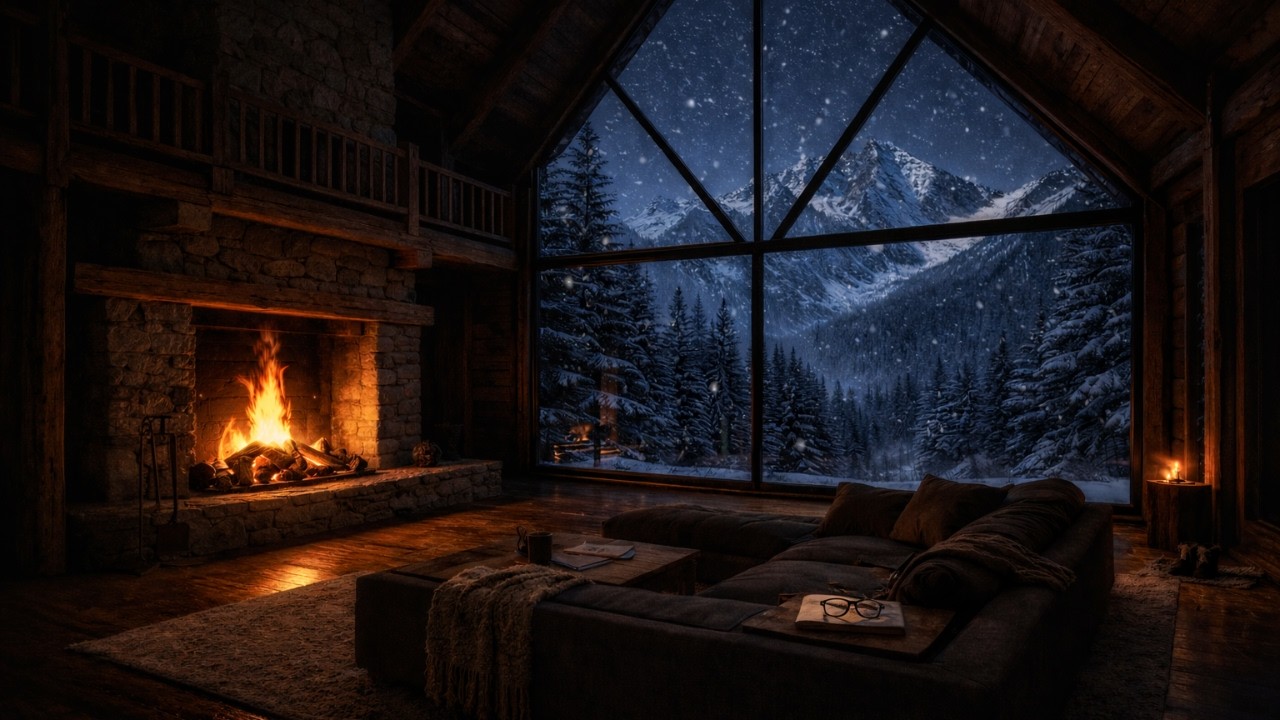 No Ads- ❄️ Cozy Winter Cabin Night with Crackling Fireplace & Blizzard Sounds
