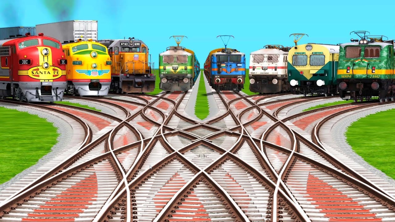 8 Crazy Trains Vs Railroad Crossing On Bumpy Curved Diamond Railroad Tracks | train simulator game