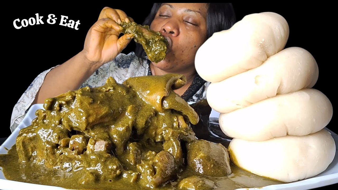 African food mukbang (Cook and eat) black soup and fufu