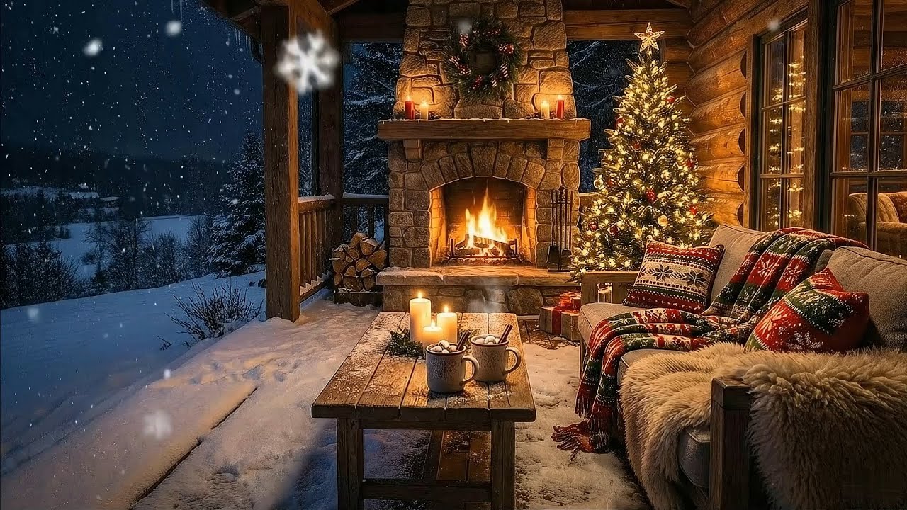 Cozy Christmas Porch Ambience 🎄 Fireplace & Heavy Snowfall at Night for Sleep & Study
