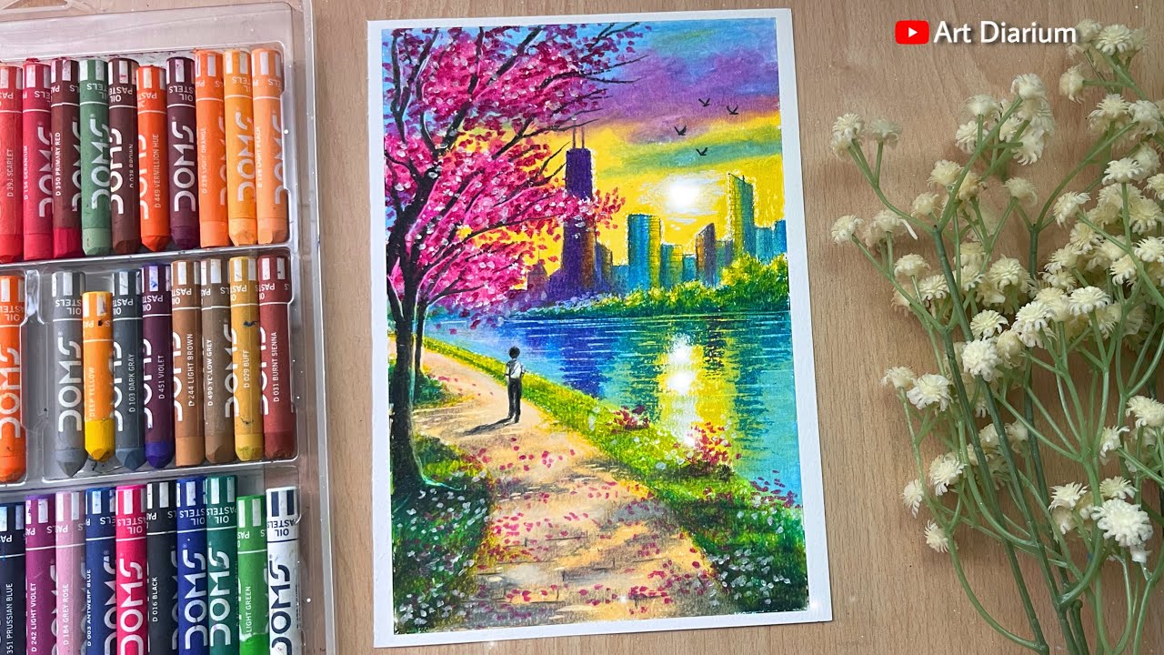 City Lake Morning Scenery Drawing with Oil Pastels for Beginners 