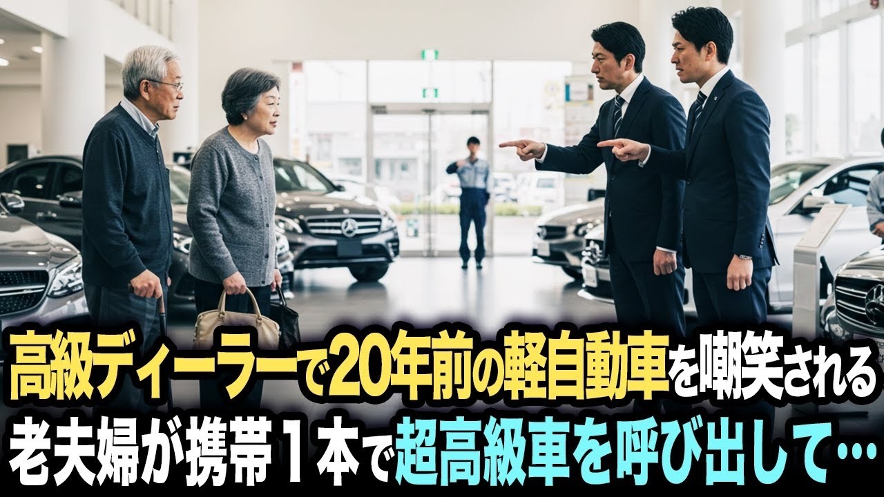 「そんなボロ車で」高級ディーラーで20年前の軽自動車を侮辱される老夫婦。だが、男性が携帯を掛けると即座に超高級車が現れて…