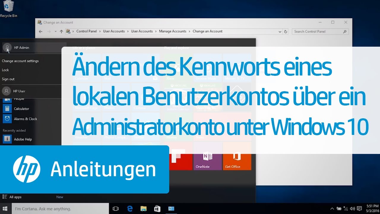 Ändern des Kennworts eines lokalen Benutzerkontos über ein Administratorkonto unter Windows 10