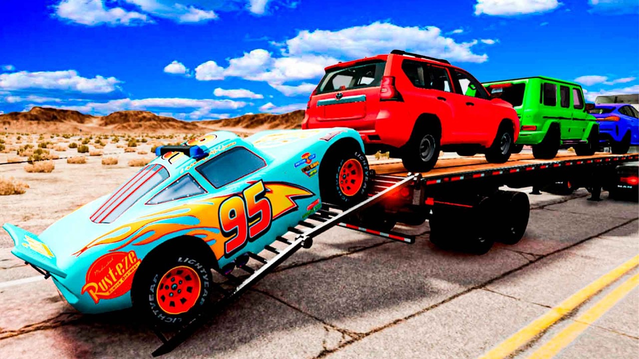 TRANSPORTING PIXAR CARS & FRUITS WITH COLORED & JOHN DEERE vs CLAAS vs TRACTORS - BeamNG.drive#123