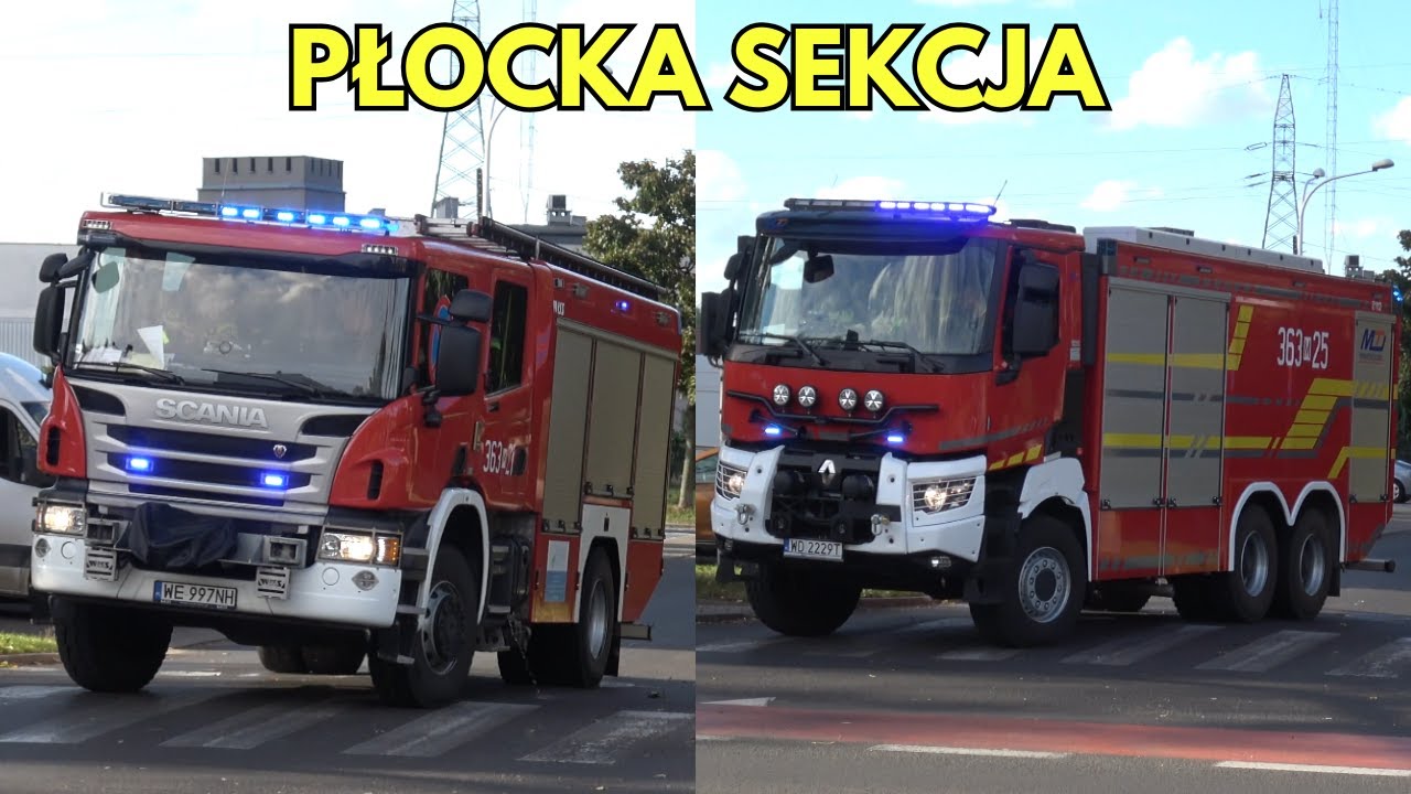 Wyjazd Alarmowy sekcji gaśniczej GBA Scania P360 i 3-osiowe Renault K440 z JRG 3 Płock do pożaru