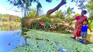 Fishing Video🐋🐋 | Village woman & little boy fishing in our village pond with hook | hook fishing