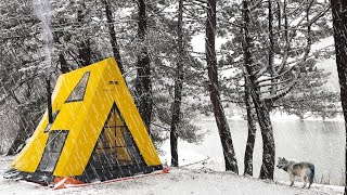 -18C Winter Camp in Snowstorm Conditions-Deep Snow Camp at Lake and Forest in Heavy Snowfall