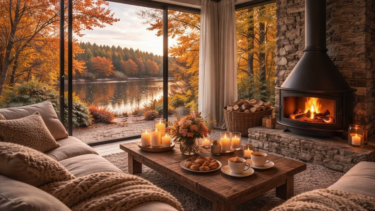 Warm Fireplace & Autumn Lake View 🍁 Calm Nature Ambience for Relaxing