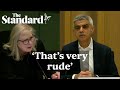 Can you stop interrupting susan hall gets angry during questions for london mayor sadiq khan