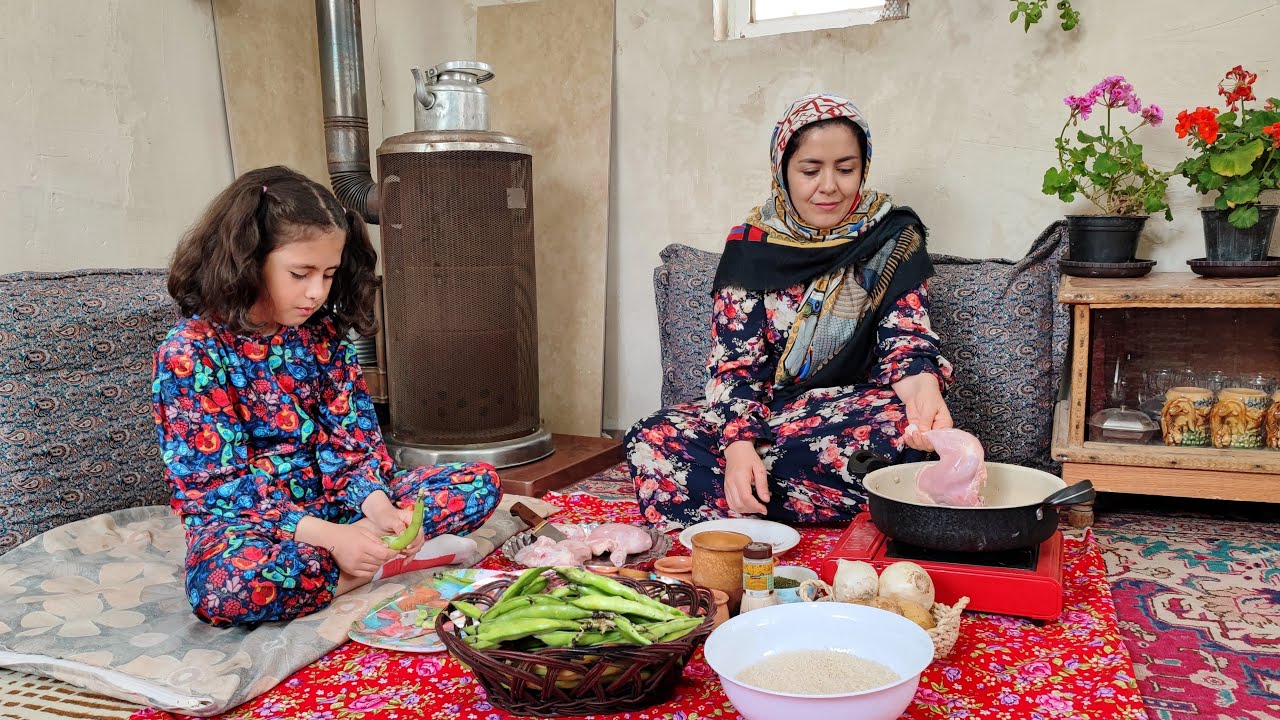 Аутентичная иранская деревенская кухня: плов из бобов фава с курицей с шафраном!