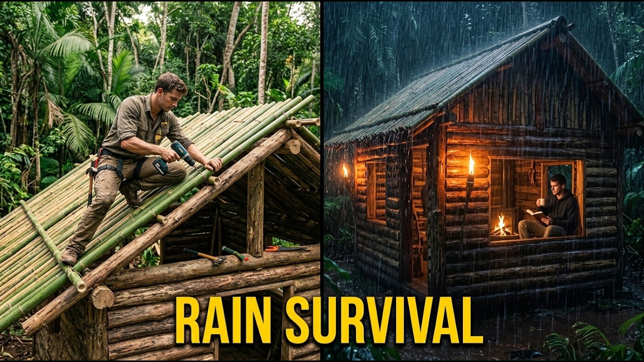 SOLO SURVIVAL Building a Bamboo Shelter to Survive Heavy Rain in the ...