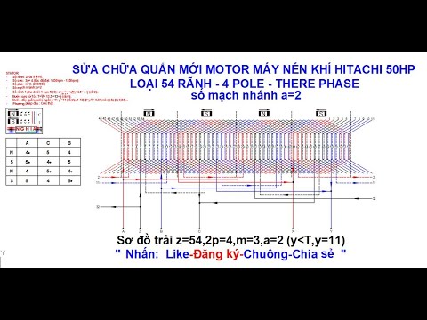 Sơ đồ trải z=54,2p=4,m=3,a=2,stator motor winding diagram 54 slot, 4 pole, 1450rpm-1550rpm! 50 hp.