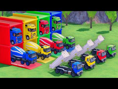 Trucks With COLORS - MERCEDES MIXER TRUCK and RENAULT DUMP TRUCK with FLATBED TRAILER TRUCK - FS22