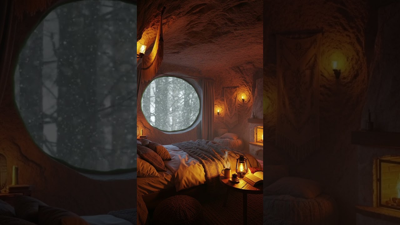 Cave Cabin Ambiance, Sleep Aid, Cave Cozy Cabin, Burning Fireplace, Blizzard, Snowfall