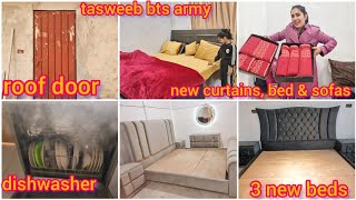Roof Door installed finally | New Bed, Curtains and sofa's | Tasweeb bts Army