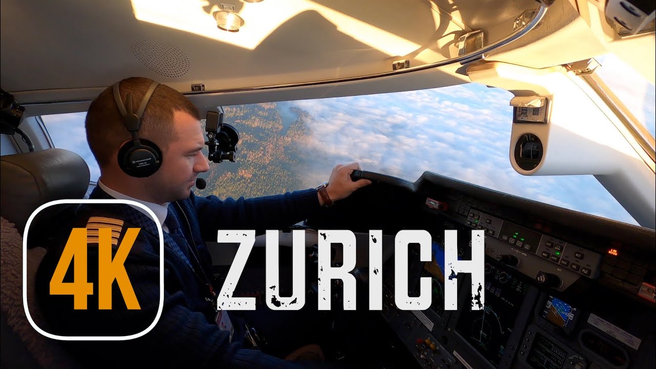 Beautiful sunset Learjet 60XR Approach and Landing in Zurich, Switzerland in 4K