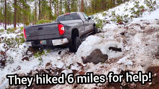 Toyota Tundra gets stuck in a frozen lava flow.  73 year old Jeep to the rescue!
