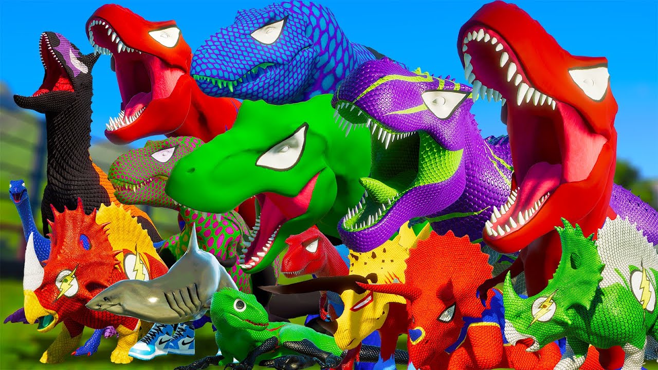 Epic T-REX Spiderman vs PRO 8 SUPERHERO TEAM l IREX , INDORAPTOR , TARBOSAURUS - Epic Battle in JWE2