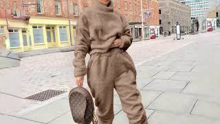 Solid Color Villus Turtleneck Casual Two Piece Pants Set Resimi