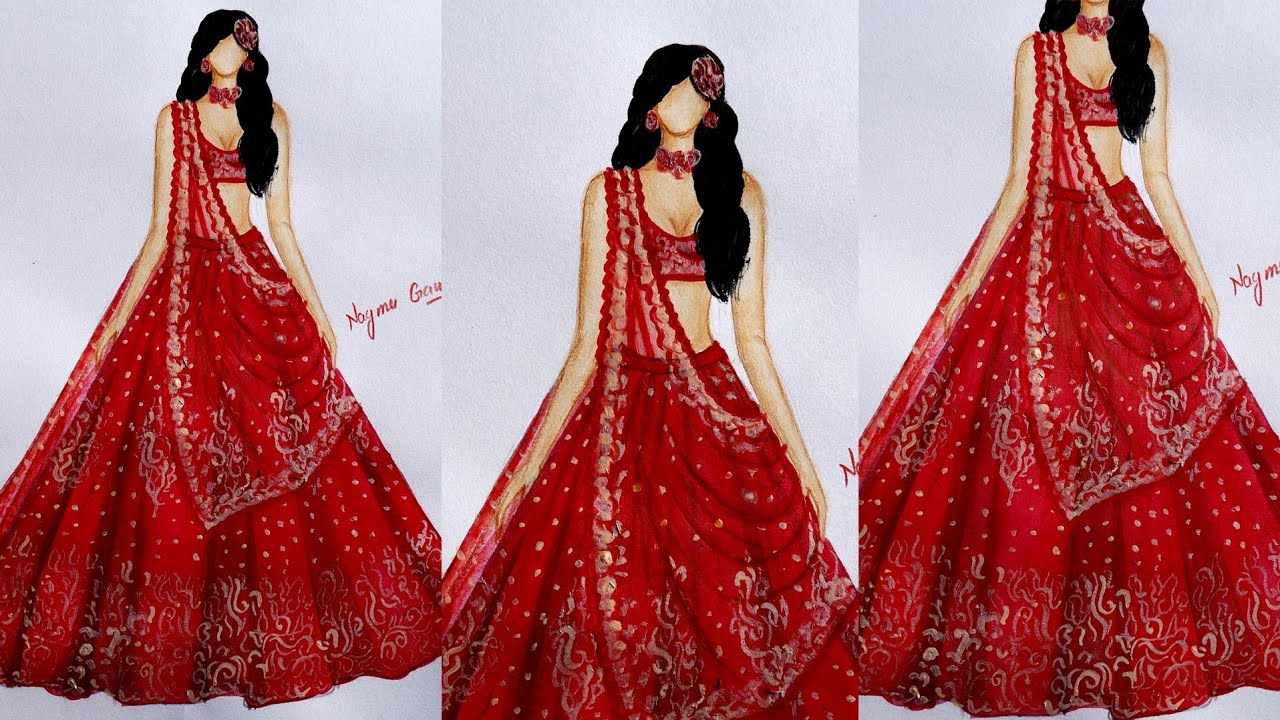 How to draw a bridal traditional dress Design How to draw Red Lehnga
