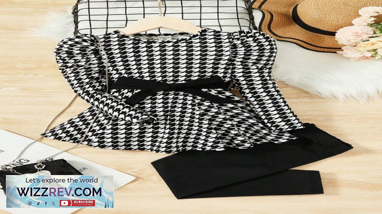 Young Girl Houndstooth Print Gigot Sleeve Belted Top & Leggings SHEIN Review