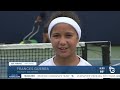 Military child chases tennis goal